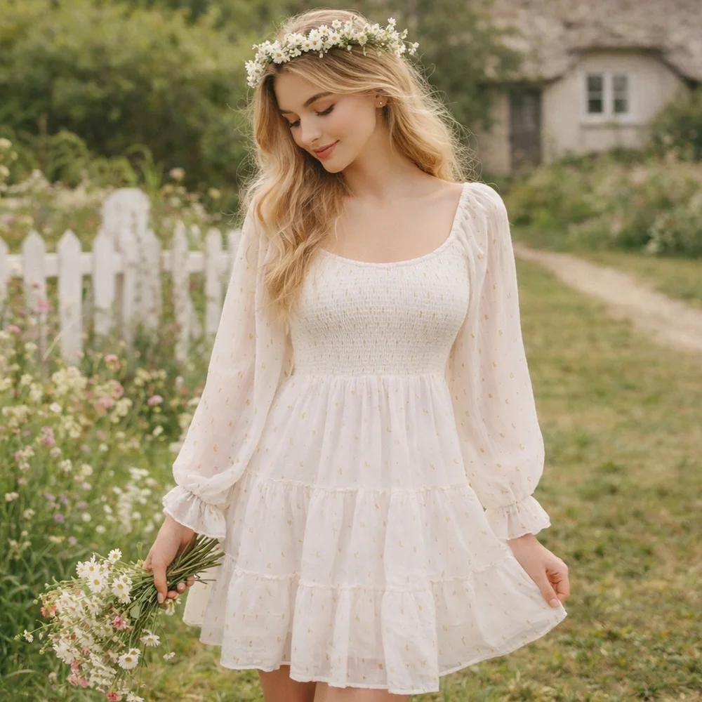 Altar’d State White Smocked Dress Gold Dot Tiered Size M Cottage Fairy Boho - Picture 1 of 14